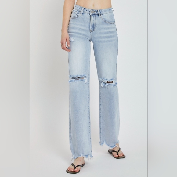 RISEN Distressed High-Rise Jeans Retro Straight Wide Leg Classic Denim Pants - Picture 6 of 16